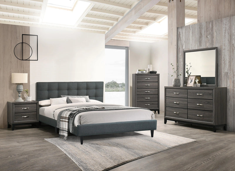 Chyuan Eastern King Bed/Charcoal Fabric in Charcoal/Espresso