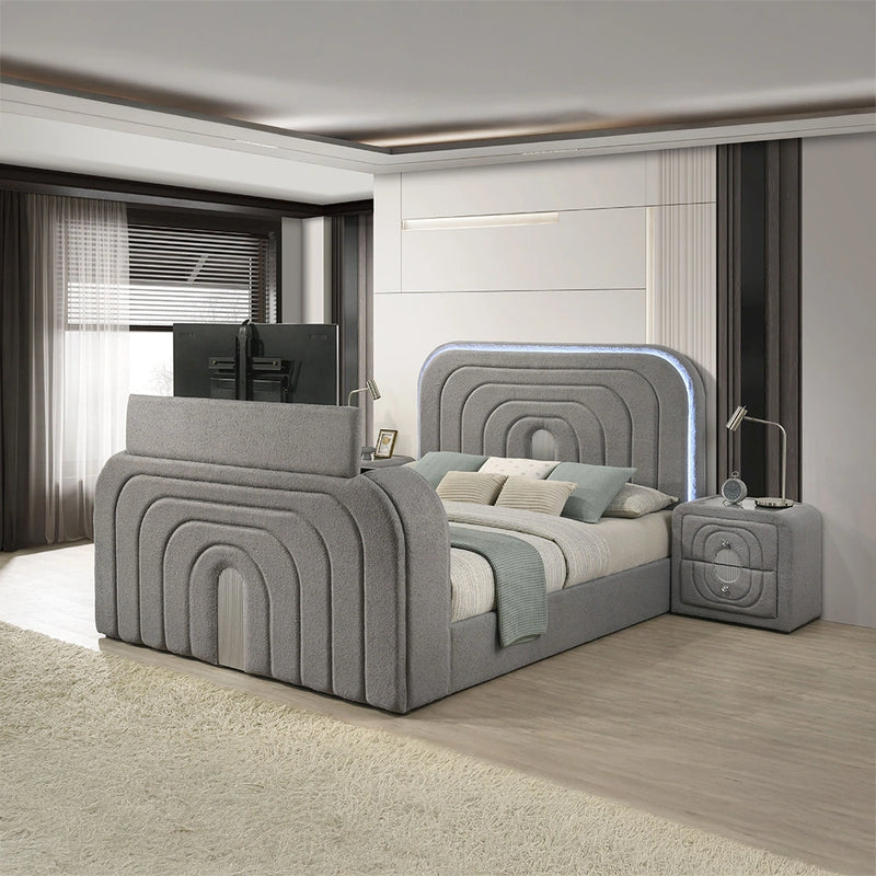 Queen Bed w/Led, TV Stand, Fireplace & Bluetooth
