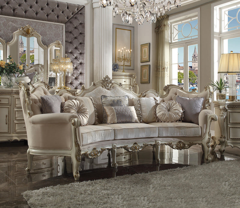 Picardy Fabric & Antique Pearl Sofa w/8 Pillows