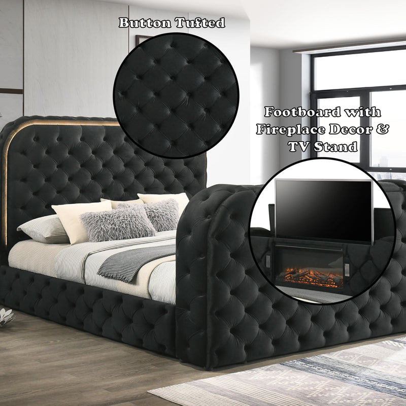 Eastern King Bed w/LED, Fireplace & TV Cabinet